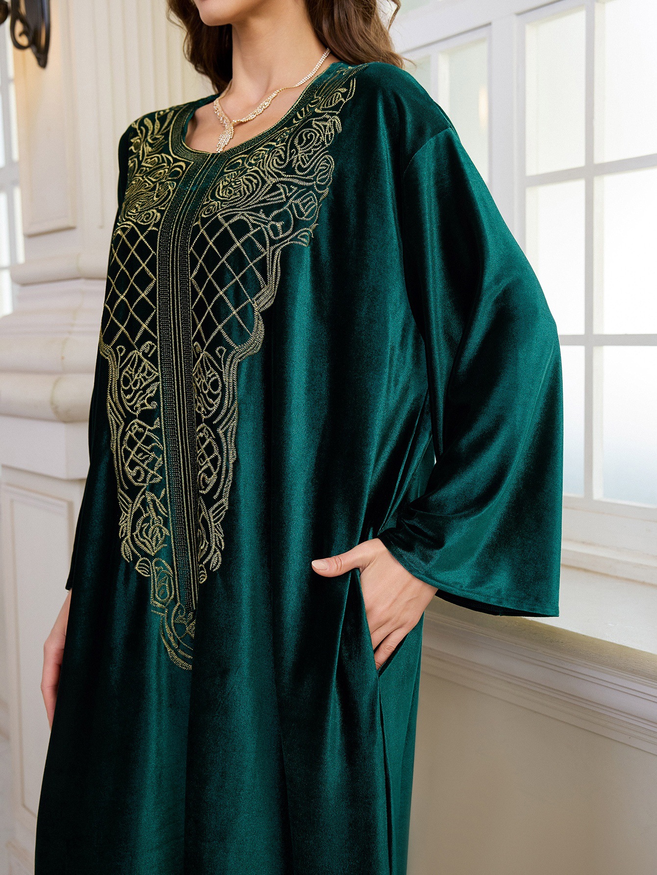 Elegant Embroidered Kaftan Dress Beach Bathing Suit Cover up Long Maxi Dress